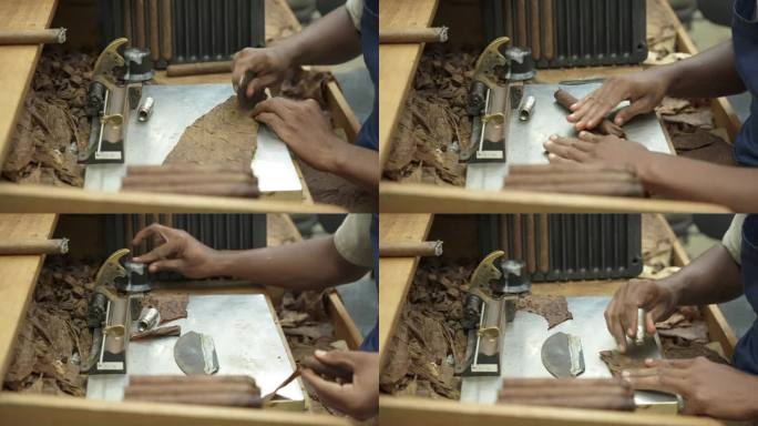 整个过程的侧面特写，黑人男性的手在卷烟工厂的桌子上用干烟叶制作雪茄。切、扭、粘。叠好的手工成品。