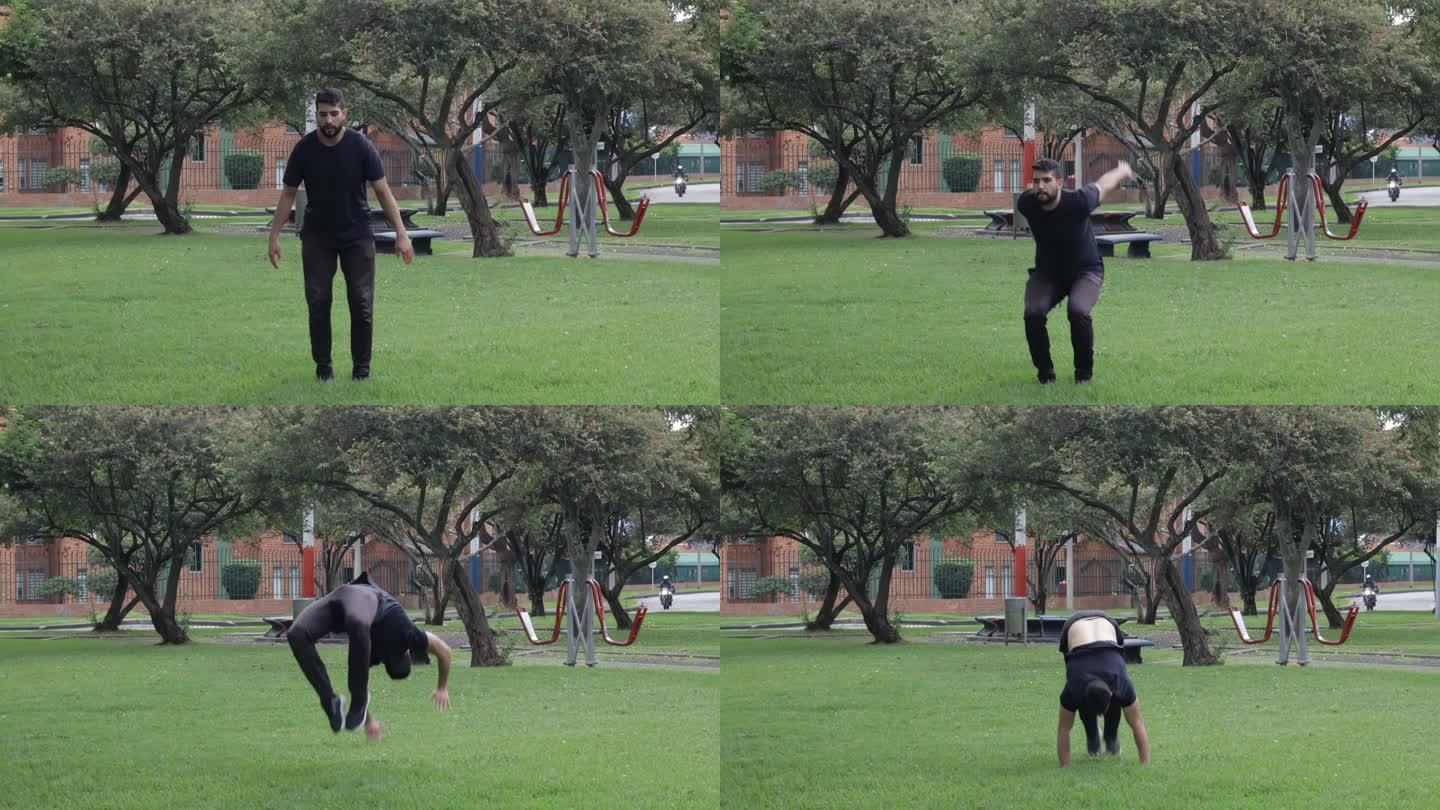 年轻人在公园里做空翻后空翻——训练跑酷自由跑