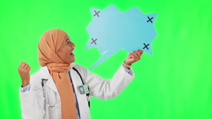 说话冒泡，穆斯林妇女和兴奋的医生在绿幕与工作室背景。快乐，女孩和头巾与晋升和成功的声音板为目标和赢家