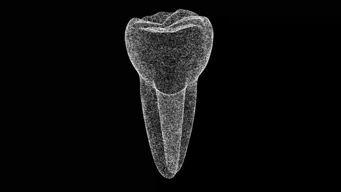 3D牙齿在黑色bg上旋转。物体溶解了闪烁的微粒。科学的医学理念。用于标题，文本，演示。3d动画60 