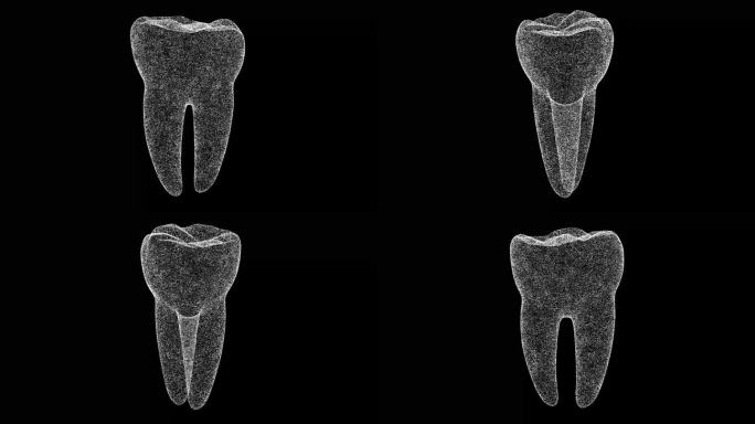 3D牙齿在黑色bg上旋转。物体溶解了闪烁的微粒。科学的医学理念。用于标题，文本，演示。3d动画60 