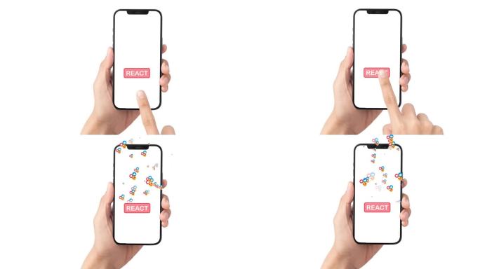 社交媒体的情绪和反应图标漂浮在智能手机上的手。手指点击手机上的反应按钮。阿尔法通道