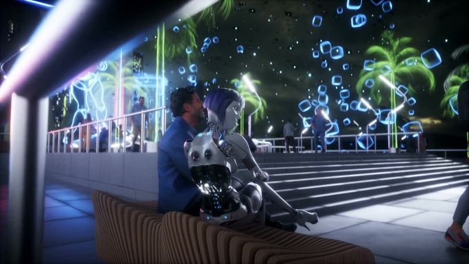 未来的夜城，有3d人和机器人。未来的概念。逼真的4k动画。