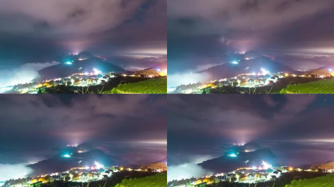 延时-雾在台湾茶园的城市灯光上移动