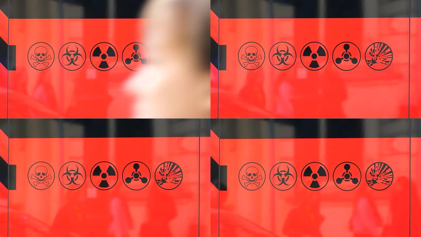 CBRN威胁控制操作车辆侧面标志，化学生物放射性核威胁简单抽象概念，无人黑红色危险标志、标志、突发事