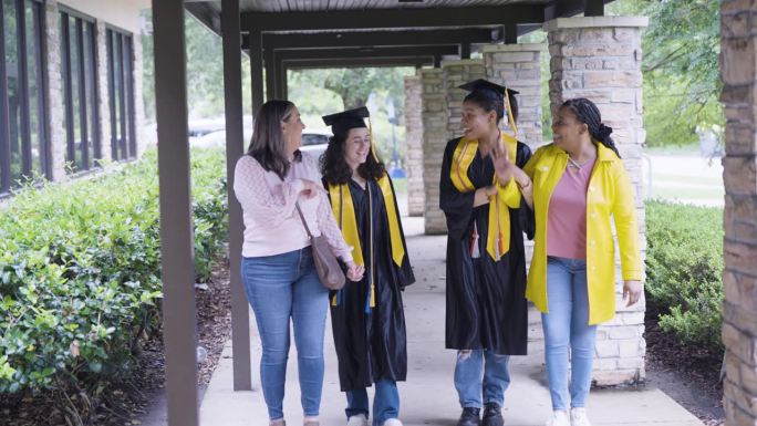 两个高中毕业生和他们的母亲，走路和说话