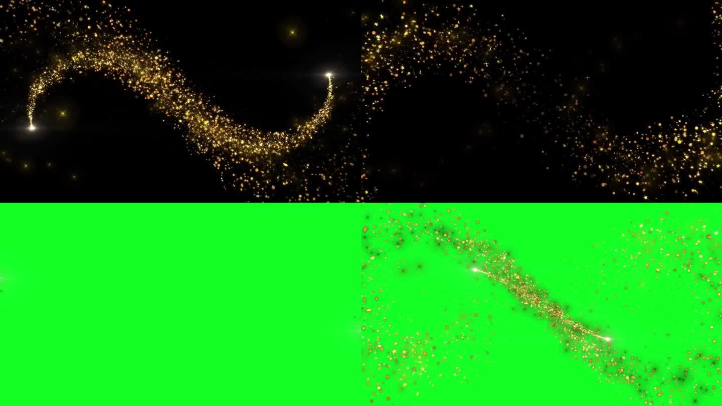 4K 3D金色闪耀圣诞粒子轨迹闪光尘埃光学耀斑灯。能量飞