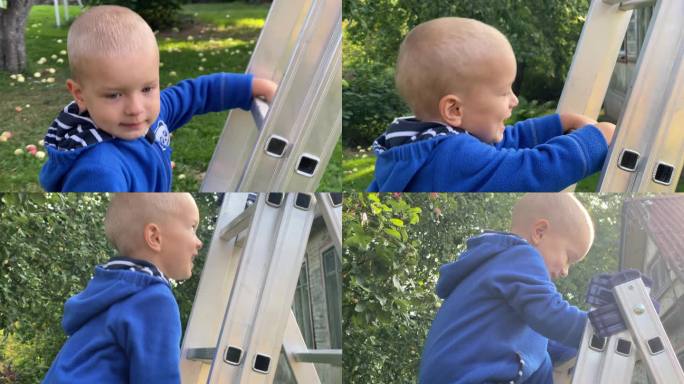 蹒跚学步的小男孩在花园里爬梯子