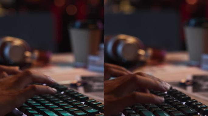 垂直屏幕:黑人女性双手在键盘和显示器上工作的特写镜头。创意游戏开发或动画机构的女性手部打字女销售经理