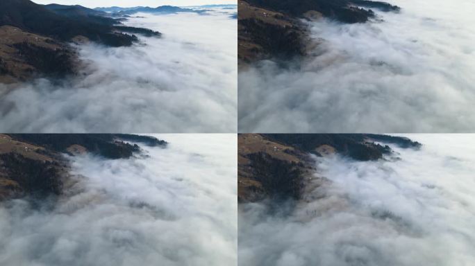 飞过山顶的云层。山峰高耸，清晨日出，自然景观优美