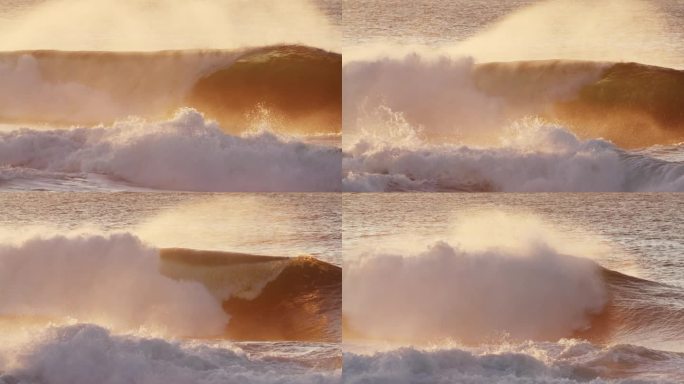 清晨的背光下，大海中强大的金色波浪