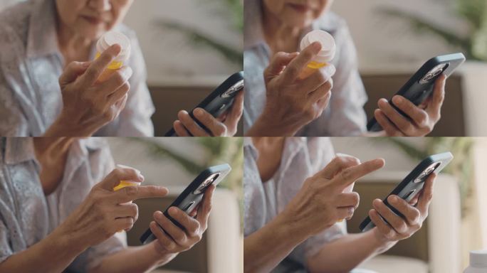 老妇人拿着药瓶，自己用智能手机应用程序在网上填药。