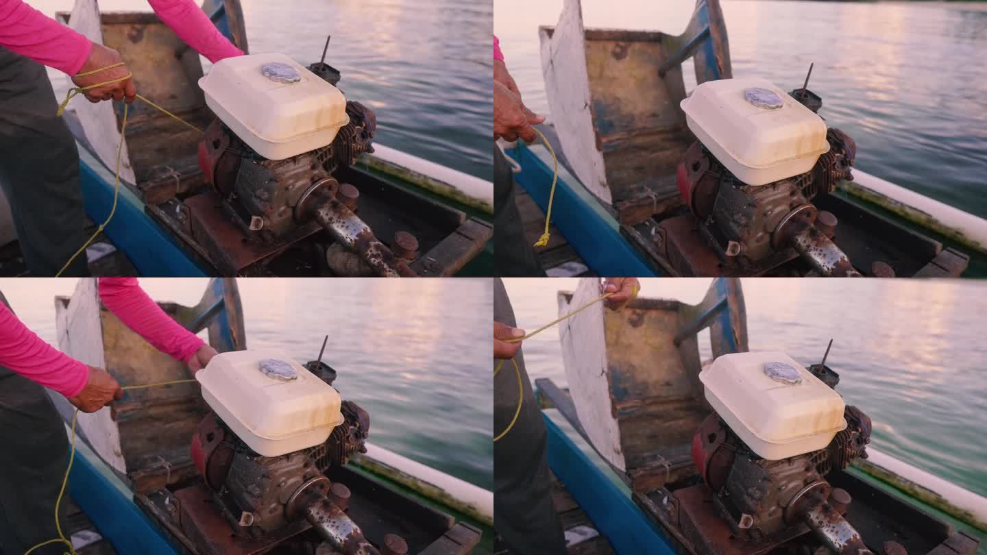 印尼渔民清晨启动渔船引擎的特写镜头