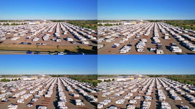 在一年一度的露营车展览(Salone del camper)上，从停车场俯瞰许多房车。自由旅行的最佳