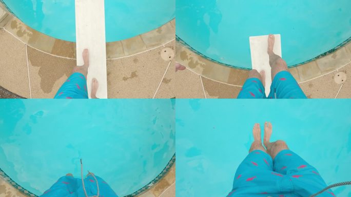 从POV的角度看脚走在跳水板上，在游泳池里跳