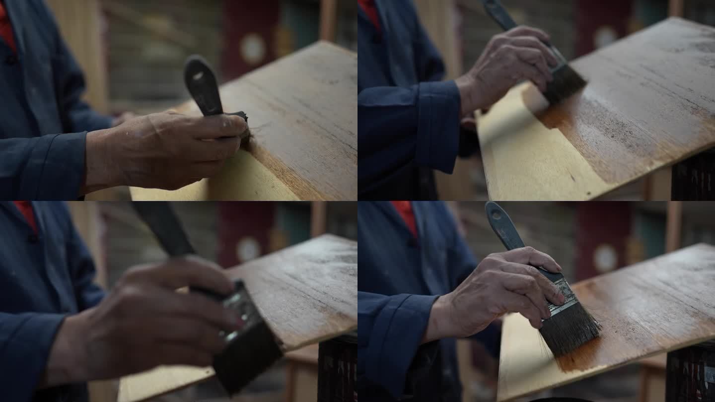 一个男人在木工作坊里给一块木头上油漆的特写
