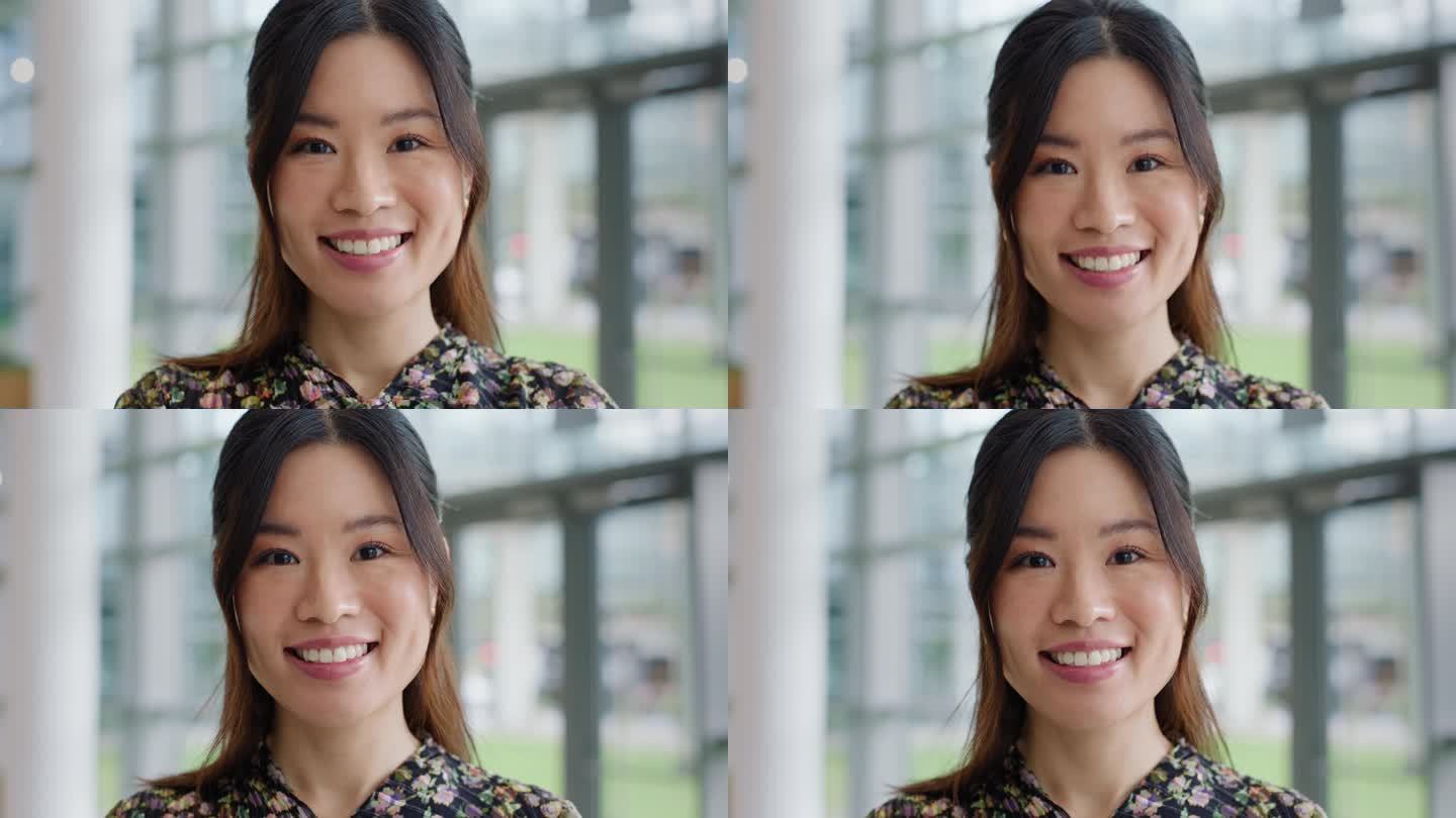 快乐，微笑和亚洲女商人的面孔在办公室与积极，良好和自信的态度。现代职场中日本年轻女设计师的幸福、事业