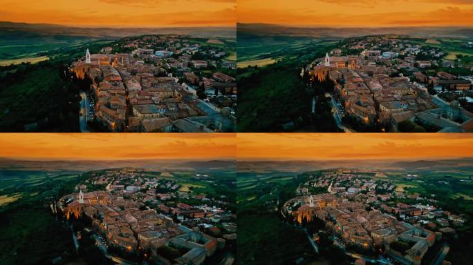 托斯卡纳皮恩扎，落日时分，无人机俯瞰山顶小镇