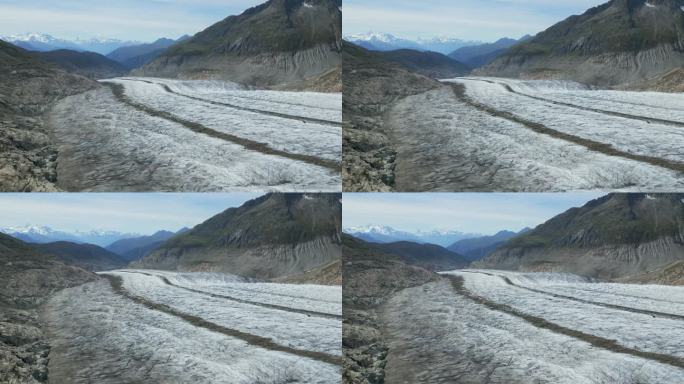 巨大的阿莱奇冰川上有冰碛。瑞士的冰川。联合国教科文组织世界自然遗产的美丽鸟瞰图。