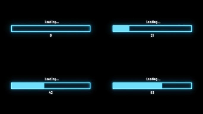 动感霓虹灯加载条下载条加载屏幕像素化进度动画加载传输下载0-100%。霓虹灯加载酒吧赛博朋克风格
