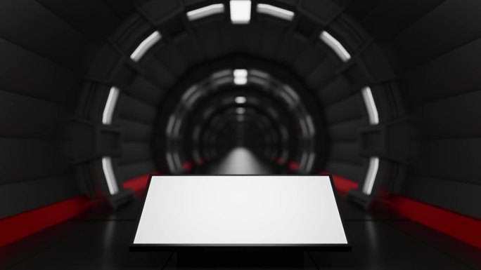 广告牌或液晶屏楼板在科幻隧道中向前移动，3D渲染。4 k