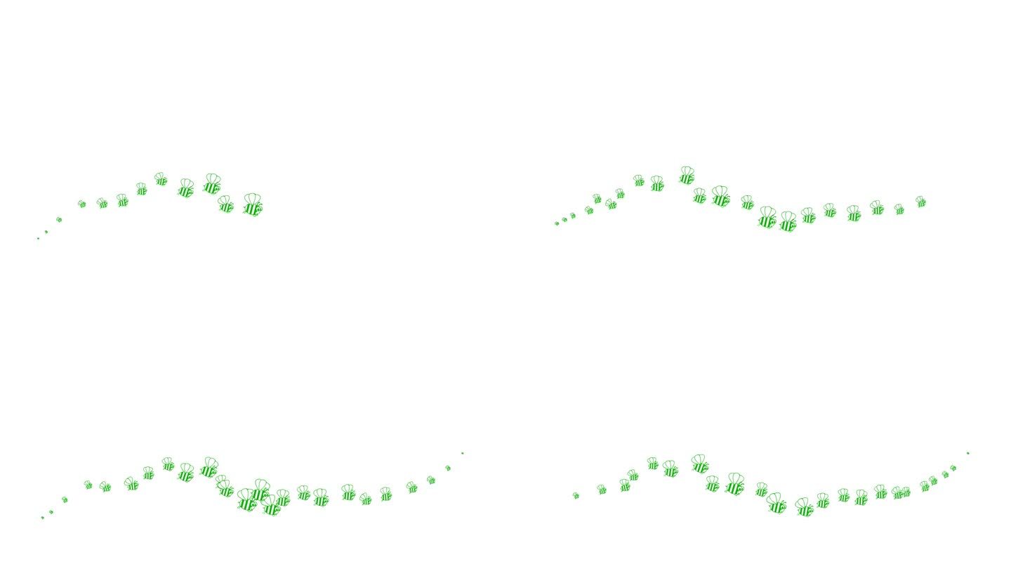 动画有趣的绿色飞行蜜蜂的象征。一波昆虫。蜜蜂的图标从左到右飞。毛圈的视频。平面矢量插图孤立在一个白色
