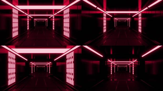 有灯光的红灰色暗走廊。设计。一个向内移动的抽象的宽敞房间，用不同的明亮光线装饰