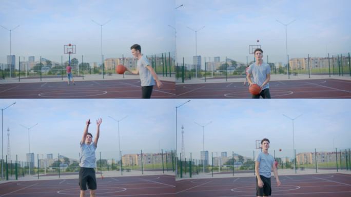 一个人练习把篮球扔进篮筐，空旷场地，摄像机跟踪