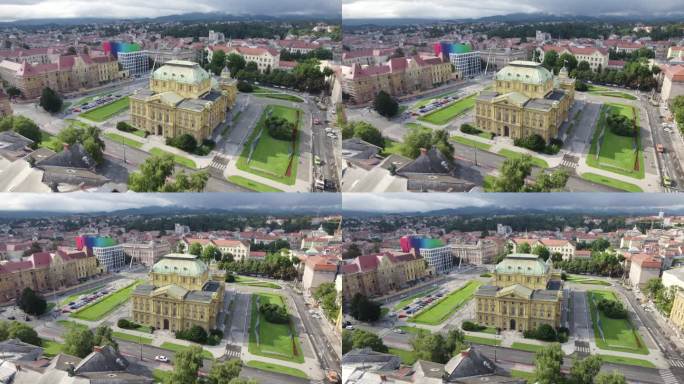 鸟瞰环绕克罗地亚国家大剧院、萨格勒布风景优美的城市公共花园小镇广场