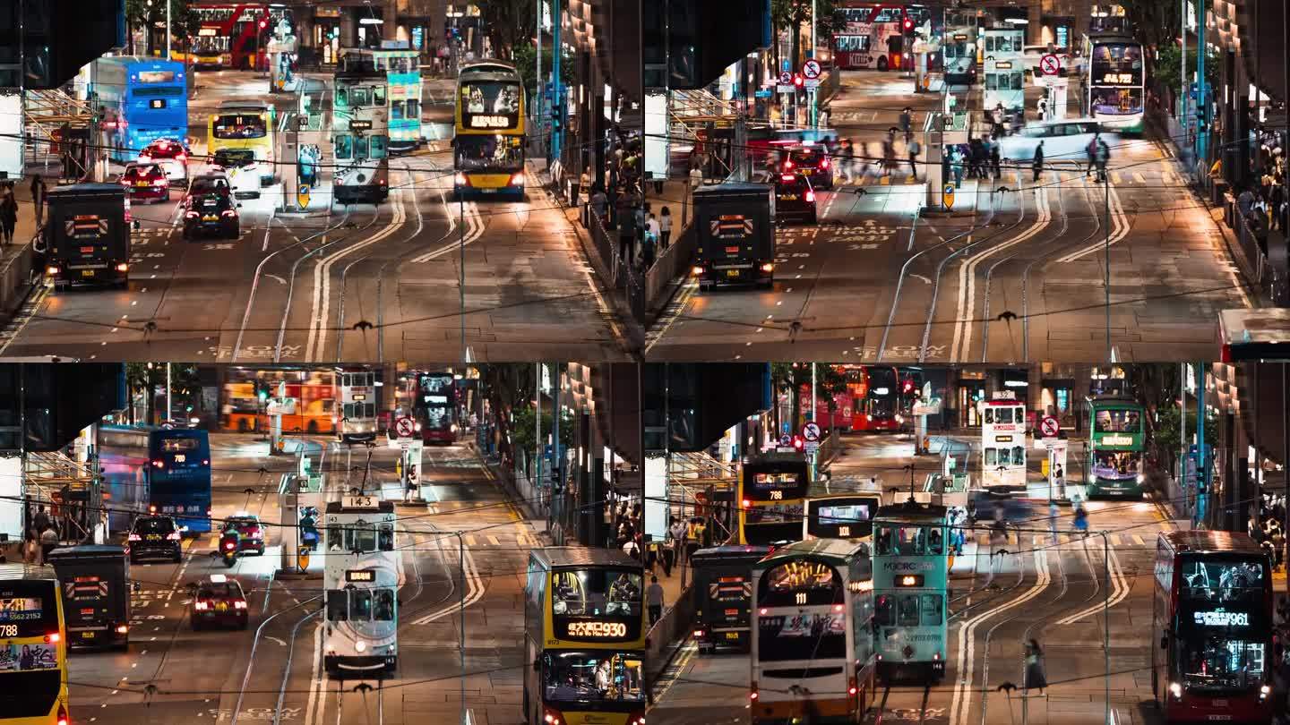汽车、巴士、的士交通、华人、亚洲通勤者夜间在香港中环过马路的时间流逝。亚洲交通生活方式，或城市都市生