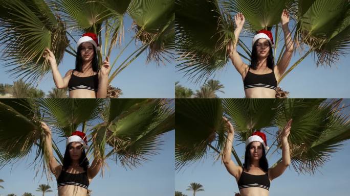 岛上戴着新年帽的快乐女人。这个女孩在棕榈树间庆祝圣诞节。