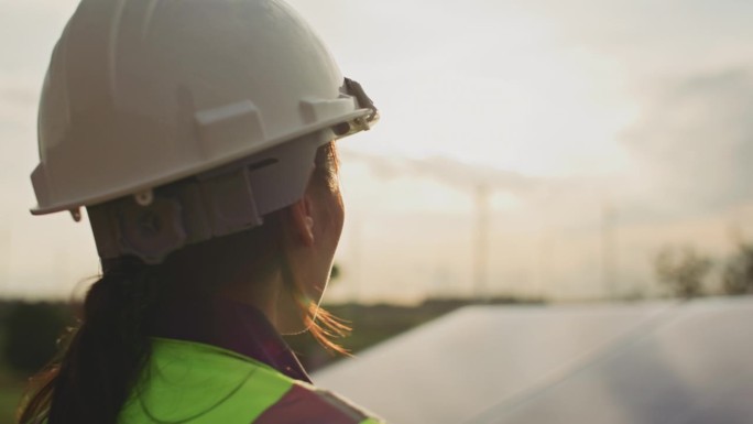 日落时分，女工程师在太阳能农场戴上施工头盔的特写