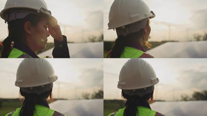日落时分，女工程师在太阳能农场戴上施工头盔的特写