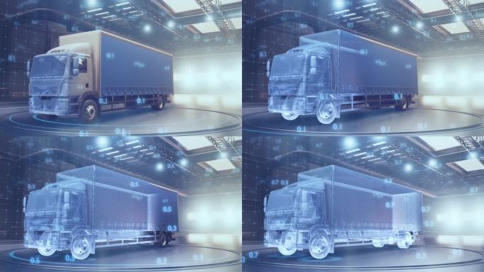 概念卡车全息3d渲染。带拖车的现代高速卡车
