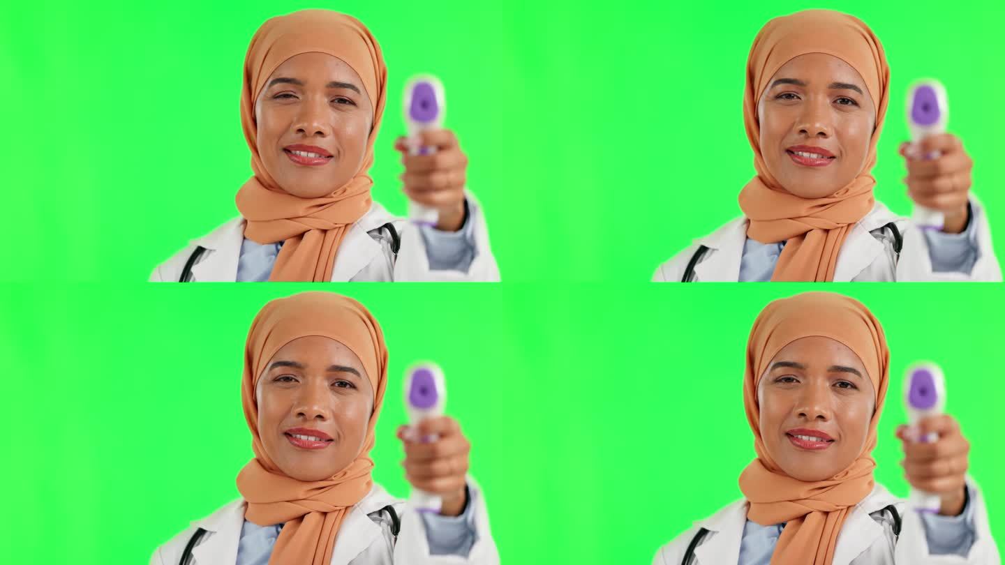 温度计、模型和绿色屏幕上的穆斯林医生，用于医疗保健和体检。护理，护理和一名伊斯兰护士的肖像，在工作室