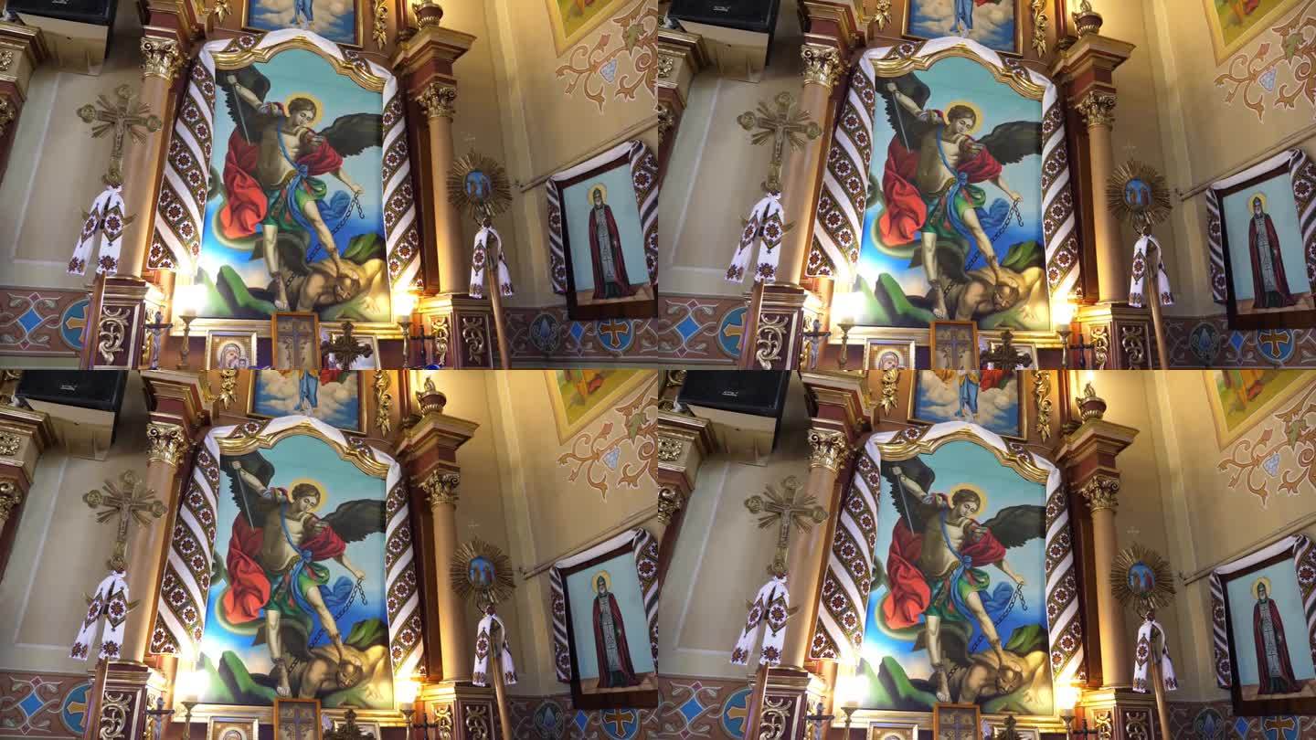 希腊天主教堂圣像雕像上的大天使米迦勒圣像。乌克兰的教堂和寺庙。