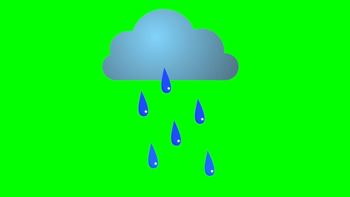卡通简单的云图标与下雨和滴落的雨滴在绿色屏幕插入，色度键，绿色屏幕，动态图形，天气图标。库存视频3D