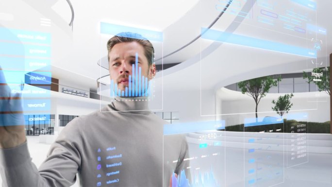 帅哥站在未来的虚拟空间中，与增强现实全息图互动，包括商业数据、财务报告、股票市场统计、信息图表和图表