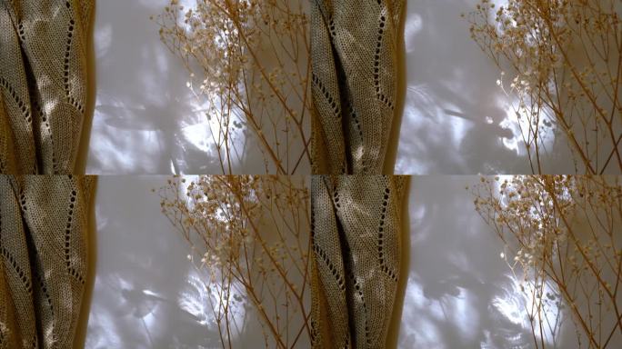 放荡不羁的风格。背景与复制空间，蜻蜓的阴影，干花和米色针织连衣裙。甜蜜的家