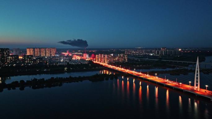 辽宁盘锦辽河盘锦大桥夜景城市航拍