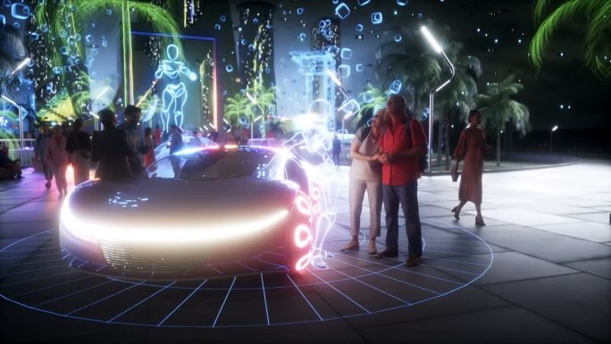 未来的夜城，有3d人和机器人。未来的概念。逼真的4k动画。