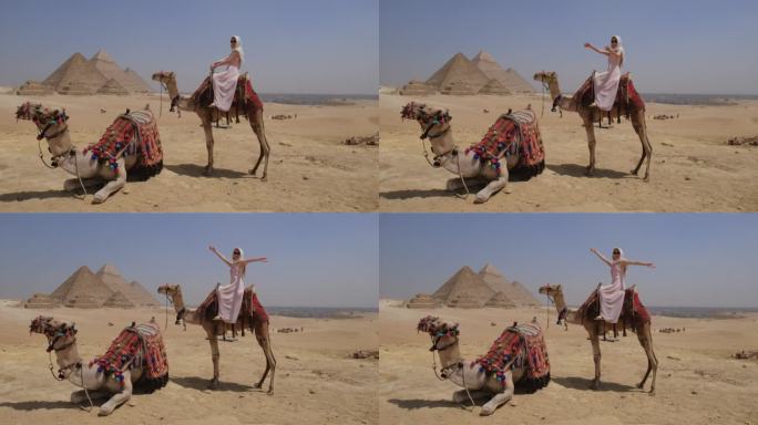 一名年轻女子在埃及骑骆驼。