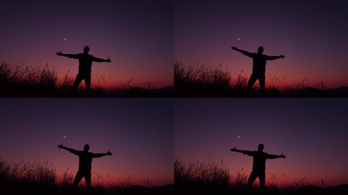 人们看着星空，新月和流星在蓝色的黄昏时分。