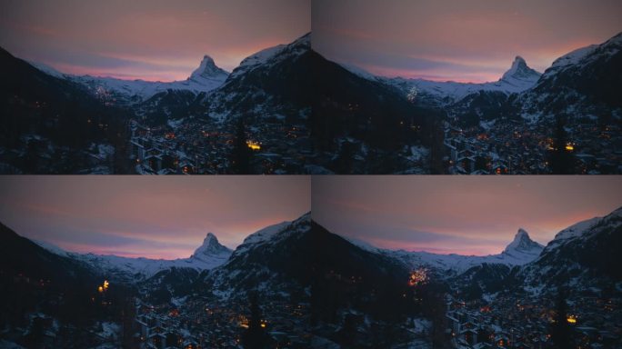 策尔马特镇的烟火，背景是雄伟的马特洪峰