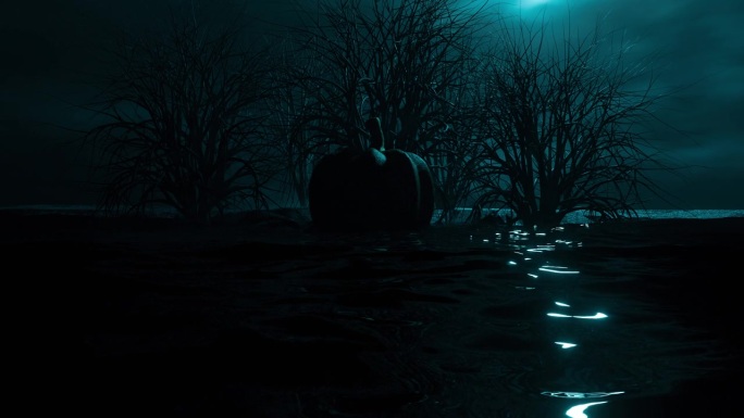 神秘的南瓜漂浮在黑暗的水3D渲染4K视频