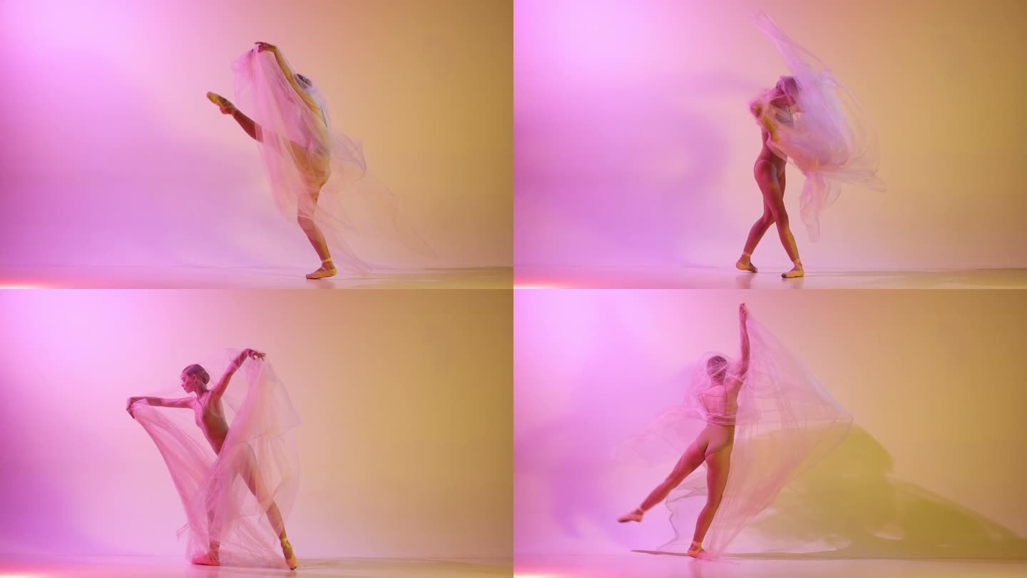 美丽的年轻芭蕾舞女演员在米色的紧身衣上跳舞，透明的面料与霓虹灯下渐变的粉红色黄色工作室背景