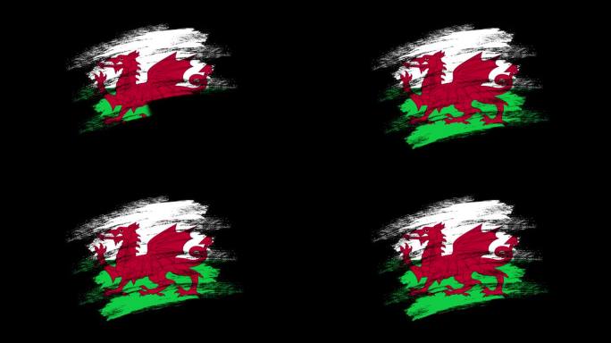4K油漆刷威尔士国旗与Alpha通道。挥舞着刷过的威尔士旗帜。透明背景纹理织物图案高细节。股票视频