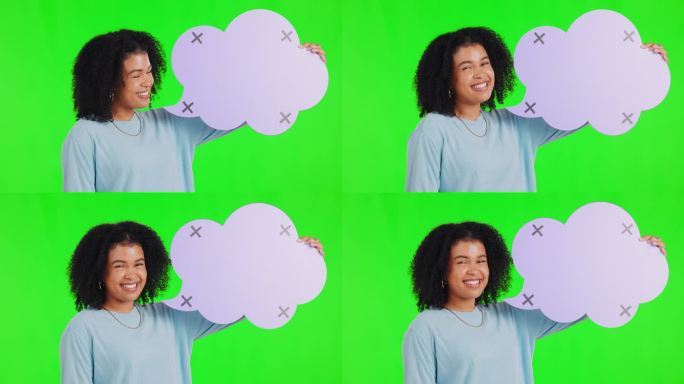 脸，快乐和说话的女人泡在绿色的屏幕上在演播室孤立的背景。肖像，社交媒体海报和非洲人的模型空间意见，投
