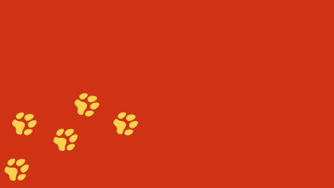 动画:橙色背景上的一串黄色脚印(漫画中的剪影形状)，一只狗独自走在一条从左到右的小路上。