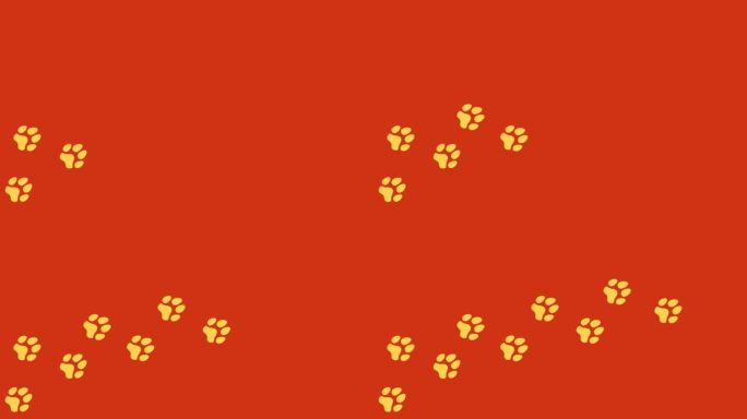 动画:橙色背景上的一串黄色脚印(漫画中的剪影形状)，一只狗独自走在一条从左到右的小路上。